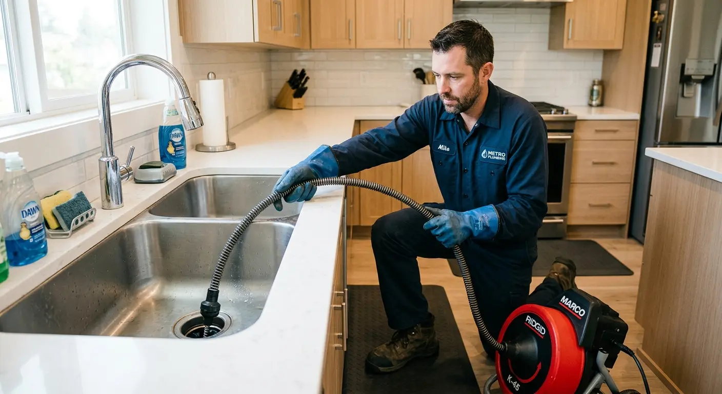 Drain cleaning technician using a motorized snake on a kitchen sink in Raleigh