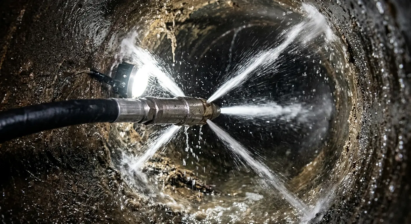 High-pressure hydro jetting nozzle cleaning sewer pipe for Sewer Cleanout in Raleigh