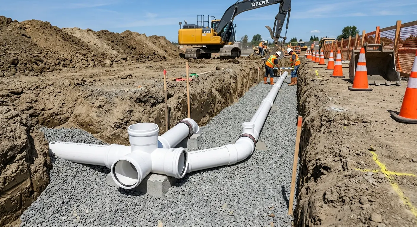 New PVC sewer pipe installation in open trench for Sewer Backup in Raleigh