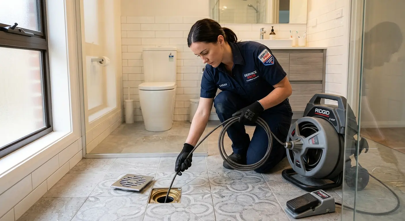 Technician clearing a bathroom floor drain for Hydro Jetting in Raleigh